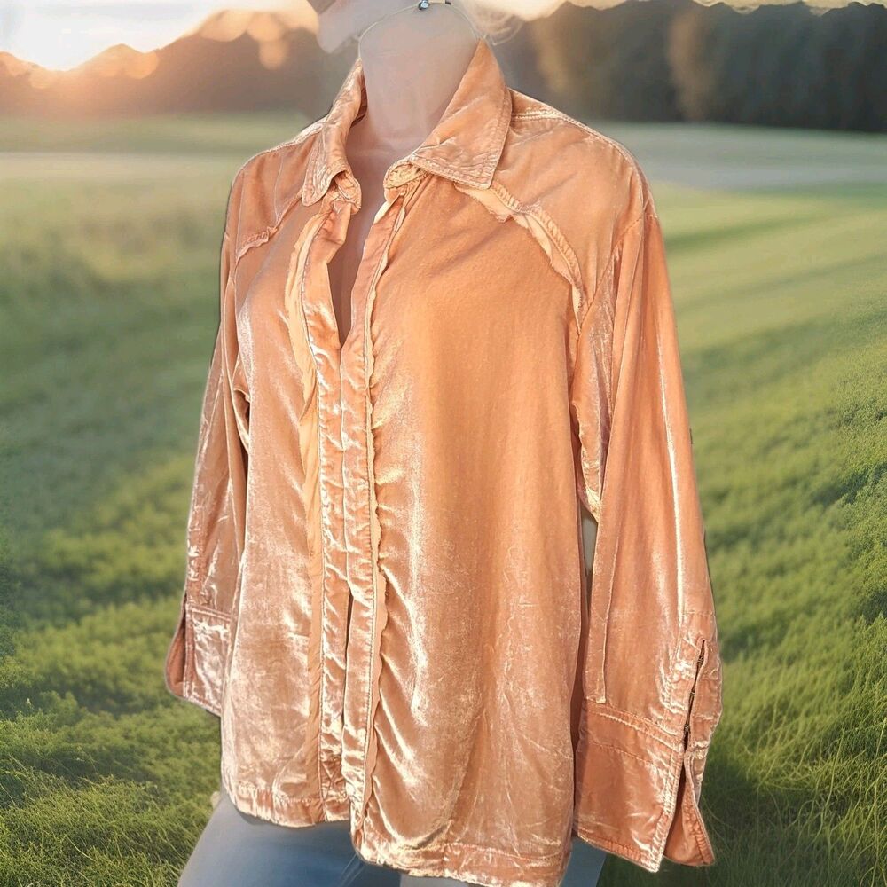 Free People Peach Velvet Western Boho Long Sleeved Top XS